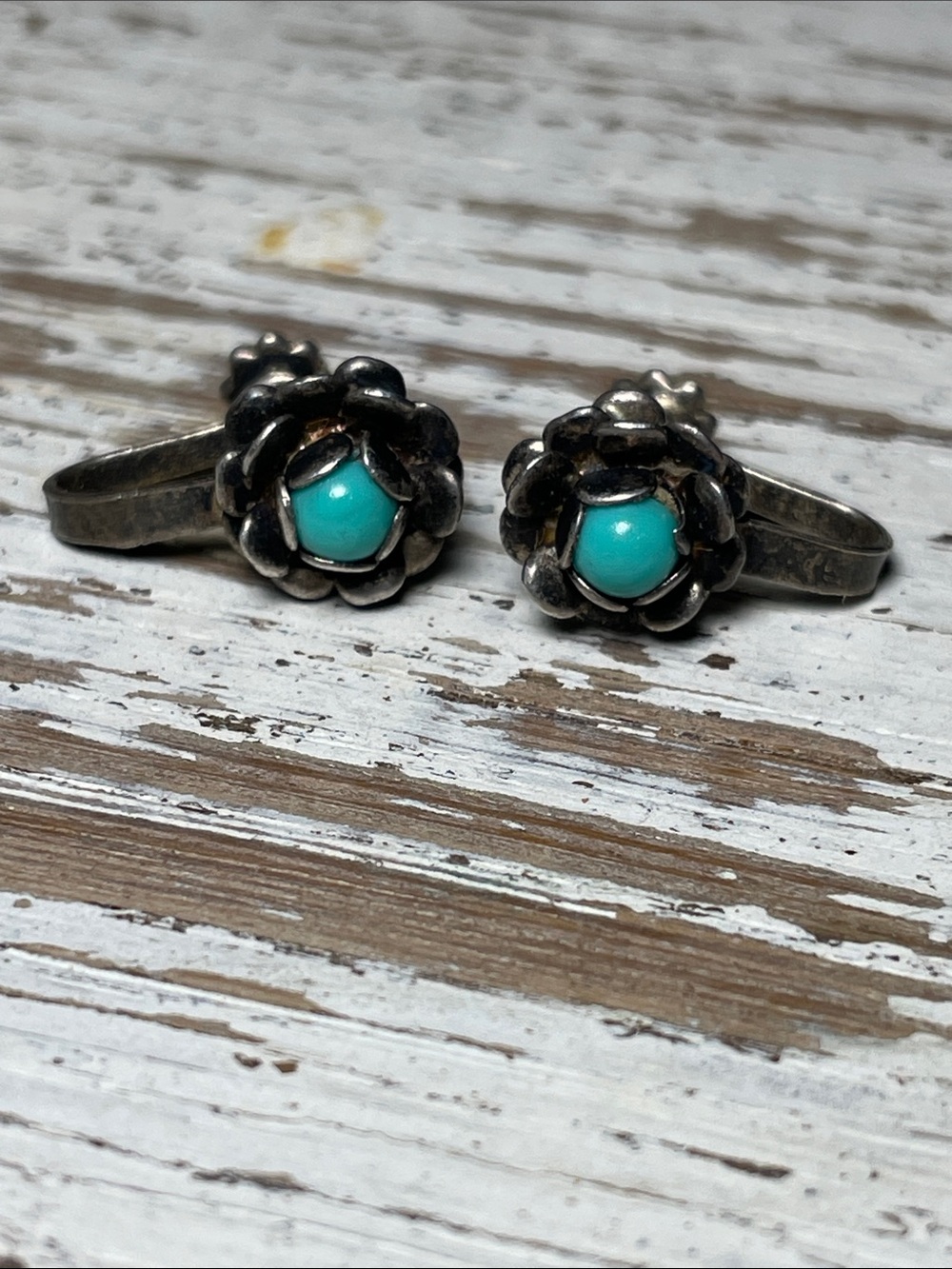 Vintage Mexico Sterling Silver Turquoise Flower Clip On Earrings 4.98g
